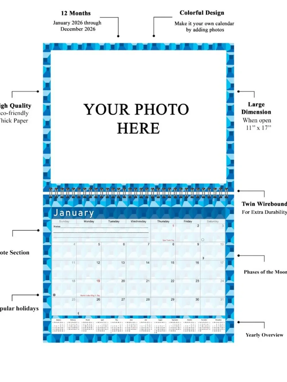 Personalized Custom 2027 Wall Calendar Spiral-bound - 12 Months. 11 x 8in. #03
